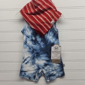 Honest Baby Blue Tie-Dye Romper with Red Bandana Bib Organic Cotton Size Newborn